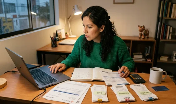 Mujer organizando sus gastos personales con una computadora, facturas y calculadora.