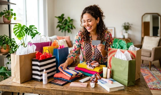 Mujer organizando sus compras y sosteniendo una tarjeta de crédito.