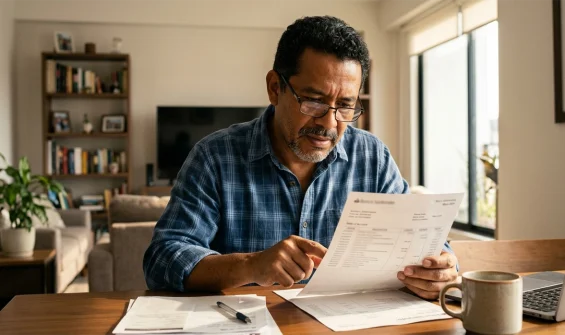 Hombre revisando el estado de cuenta de su tarjeta de crédito en casa.