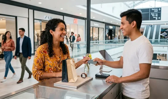Mujer pagando una compra con tarjeta de crédito en un centro comercial.